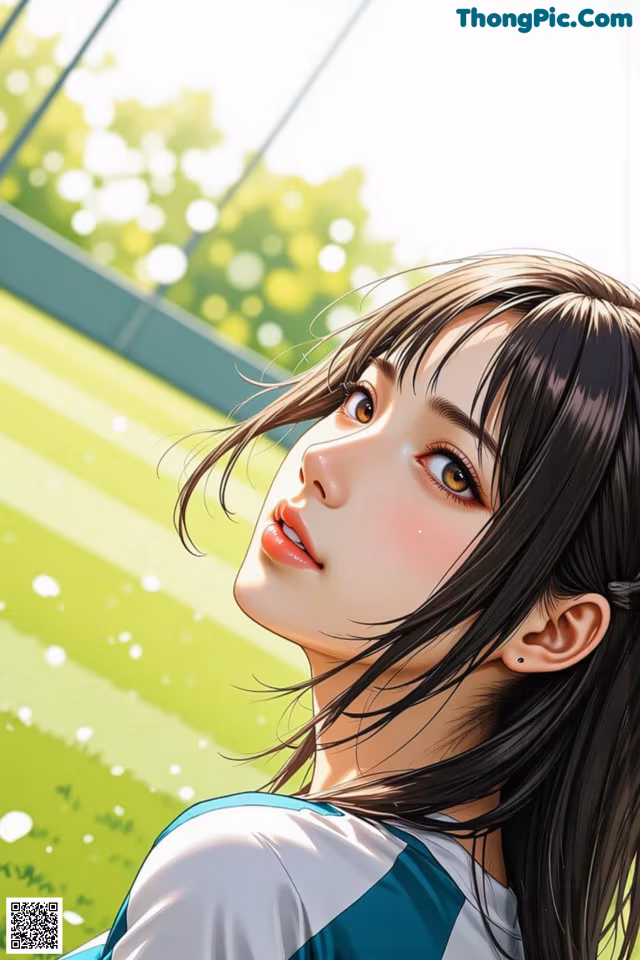 A girl with long black hair standing in front of a window.
