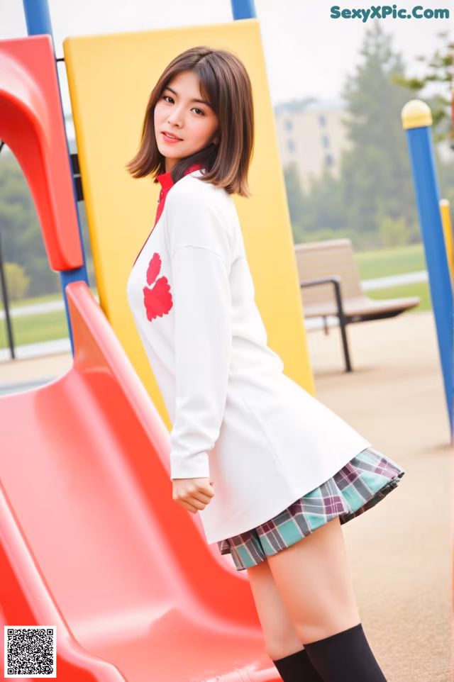 A woman in a school uniform standing on a playground slide.
