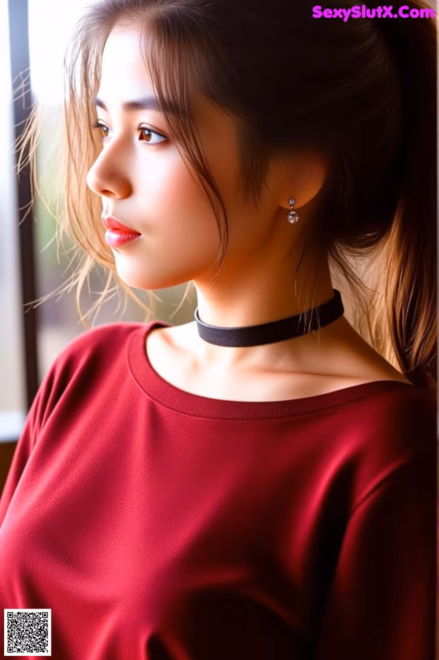A woman wearing a red top and a black choker.