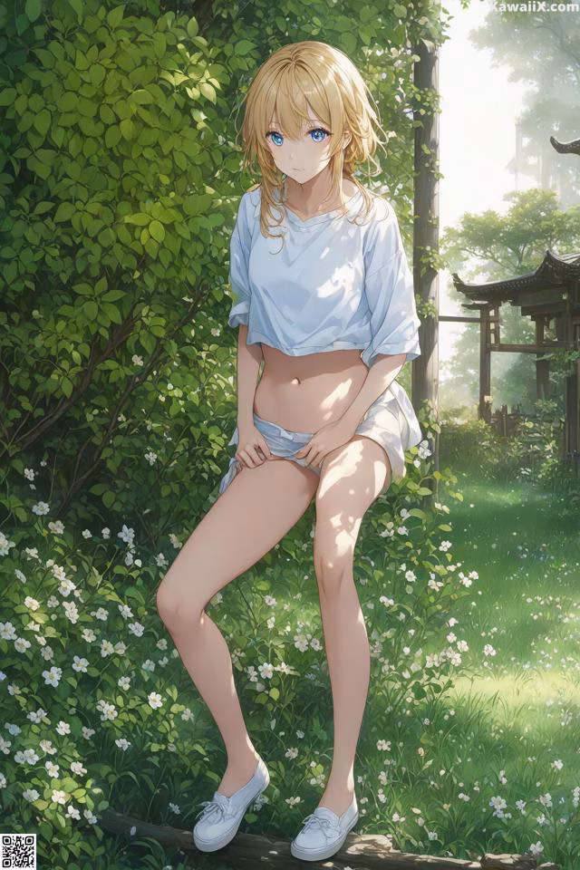 A girl sitting on a log in a field of flowers.