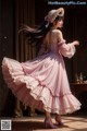 A woman in a pink dress is dancing in a room.