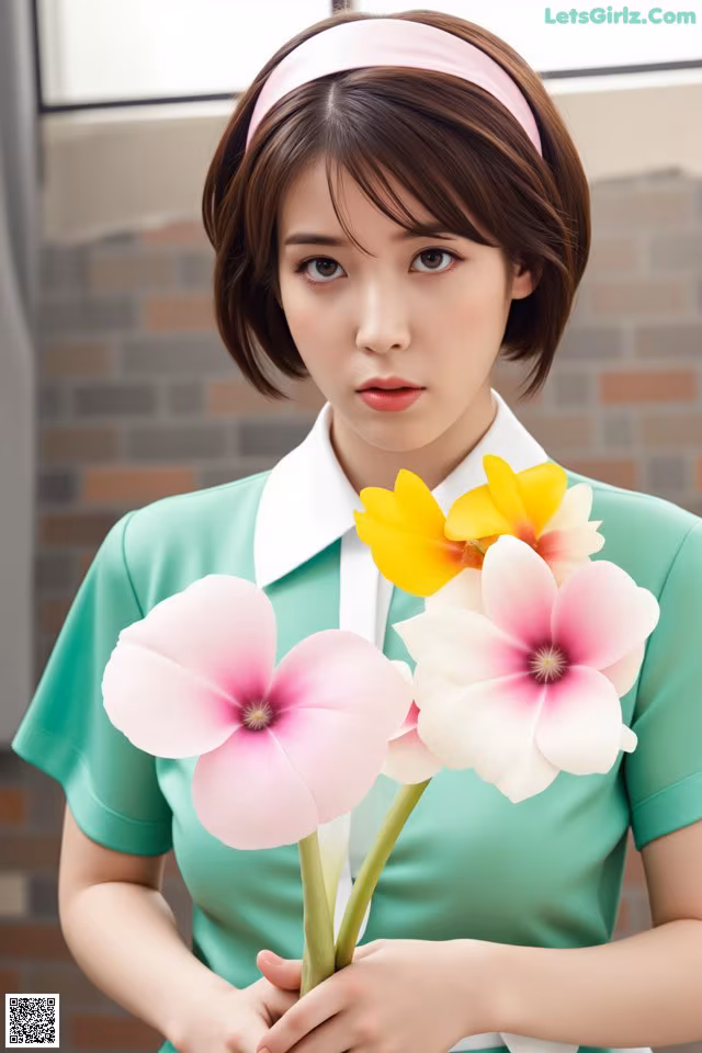 A woman in a green dress holding a bunch of flowers.