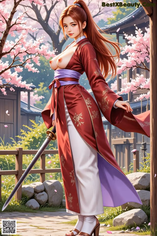 A woman in traditional attire holds a sword, standing amidst cherry blossoms and traditional architecture.