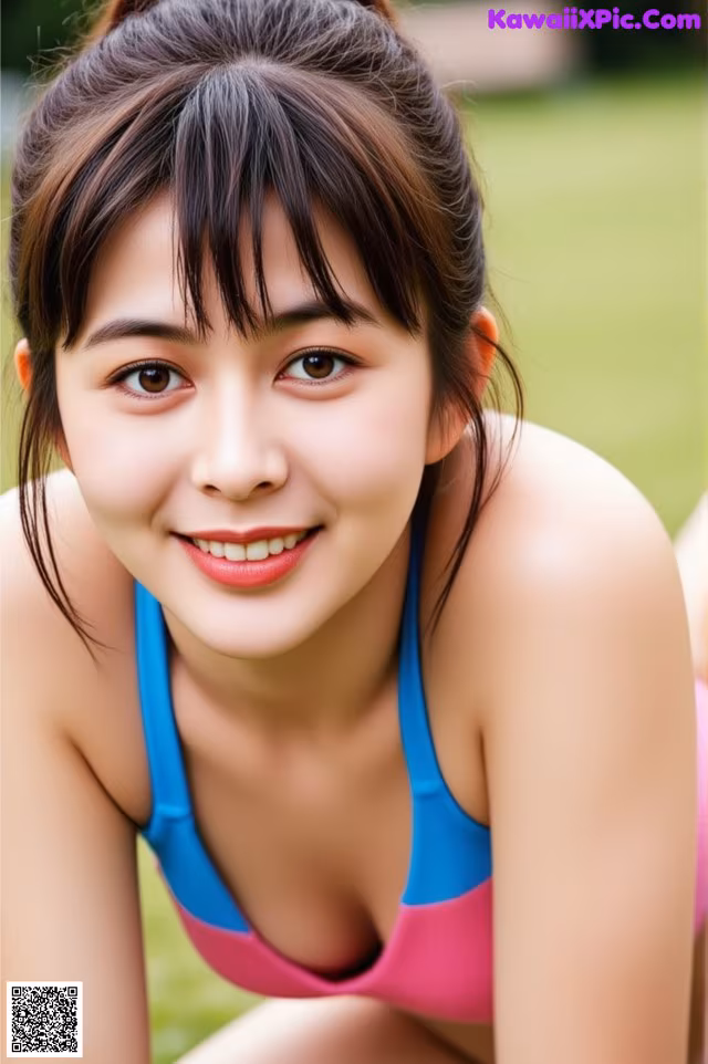 A woman in a pink and blue bikini laying on the grass.