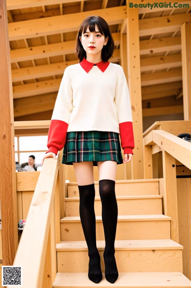 A woman in a white sweater and green plaid skirt standing on stairs.