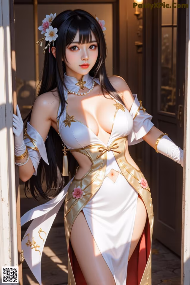 A woman in a white and gold outfit posing for a picture.