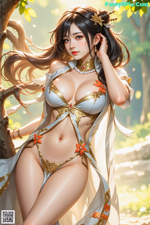 A woman in a bikini standing next to a tree.