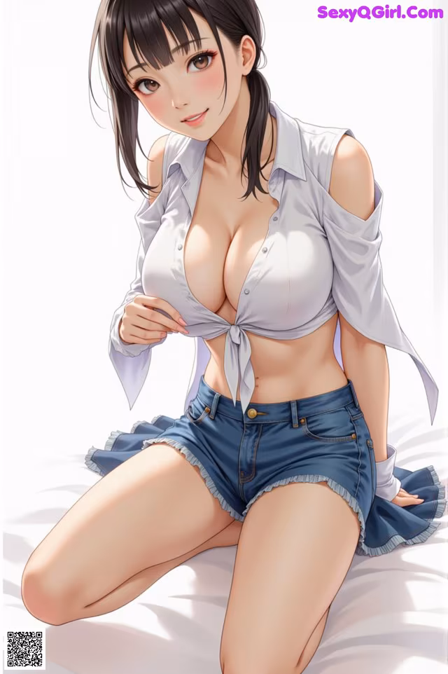A woman in a white shirt and blue shorts sitting on a bed.
